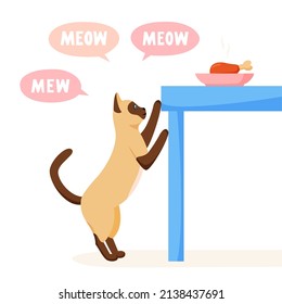 Cat Begs For Food From Table And Meows A Lot. Pet Asks For Food. Cat Steals From Dinner Table. Flat Style Vector 