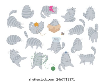 Lindo gato gris a rayas en diferentes poses y con diversas emociones. Comportamiento del gato, lenguaje corporal y expresiones faciales. Conjunto de Ilustraciones vectoriales