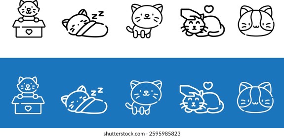 Cat behavior icons set vector art illustration. Domestic animal or pet tail language. Funny scene. Kitty reactions. Simple icon, symbol, sign. Editable vector illustration isolated on white background