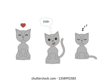 Cat behavior set , good treatment of pet . Love , hunger , sleep , vector illustration isolated on white background