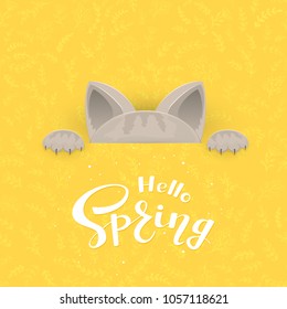 Cat behind the banner and text Hello Spring on yellow background with floral pattern, illustration.
