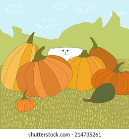 Cat behind big pumpkins. Vector 