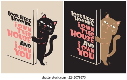 Cat Behind the Door - Cat Lover - Vector Illustration