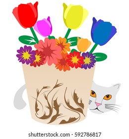 a cat behind a flower pot with pattern
