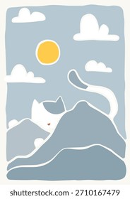 Katze hinter den Bergen Boho und Mattie Stil handgezeichnet Blumen-und Landschaft Illustrationen