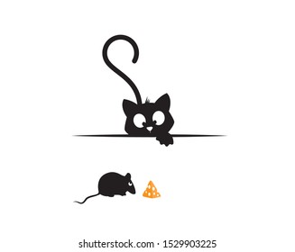Cat behind table and mice eating piece of cheese, funny illustration, vector, cartoon, children wall decals, kids wall artwork isolated on white background, minimalist poster design