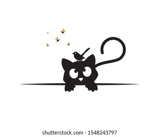 Cat Behind Table Watching A Bird Silhouette On His Head And Bees, Funny Illustration, Vector, Cartoon, Children Wall Decals, Kids Wall Artwork Isolated On White Background, Minimalist Poster Design