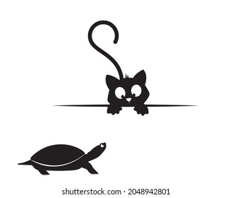 Cat behind and turtle silhouette, funny illustration, vector, cartoon, children wall decals, kids wall artwork isolated on white background, minimalist poster design