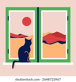 Gato detrás de la ventana Ilustración vectorial