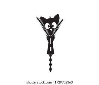 Cat behind zipper, vector. Fun illustration. Funny cartoon character. Cute little kitten silhouette isolated on white background. Art design, wall artwork, wall decals. Childish poster design