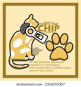 A cat being checked for chips inside its body with technological tools, with the paw icon, sentences and bold text in frame on light brown background to commemorate Check the Chip Day on August 15