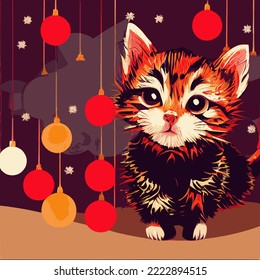 Cat in between christmas ornaments