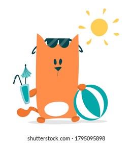 Cat with big ball and cocktail in his hand, ready fr beach party