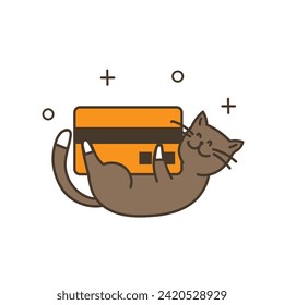 A cat with the big debit card. Doodle style. Symbol of wealth, Bank, capital. A simple funny illustration is hand drawn and isolated on a white background