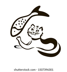 Cat with a big fish in a black outline on a white background.
