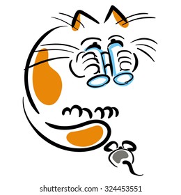 Cat with binoculars looks at the mouse