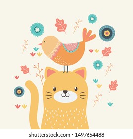 Cat and bird cartoon design vector illustration
