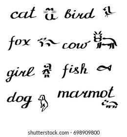 Cat bird cow fox girl fish dog marmot letters hand drawn on white. Object isolated.