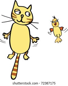 The cat and bird fly cartoon
