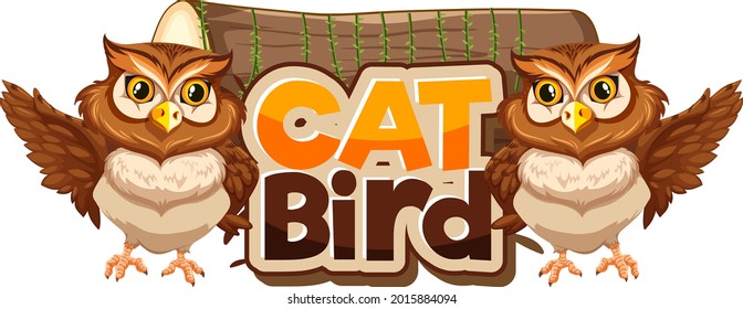 Cat Bird font banner with two owls cartoon character isolated illustration