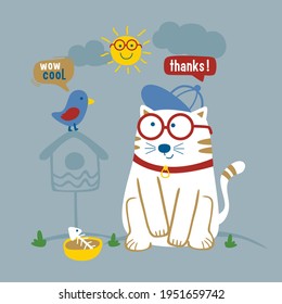 cat and bird funny animal cartoon