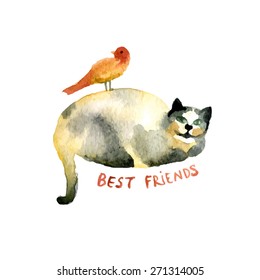 cat and bird illustration. best friends text. watercolor animals. fat cat. smiled cat. indian illustration. lovely postcard with cat and bird. watercolor cat and bird. cartoon cat and bird.