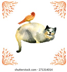 cat and bird illustration. best friends text. watercolor animals. fat cat. smiled cat. indian illustration. lovely postcard with cat and bird. watercolor cat and bird. cartoon cat and bird.