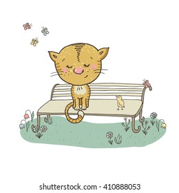 Cat and bird on a bench surrounded by flowers and butterflies. Charming timid kitten