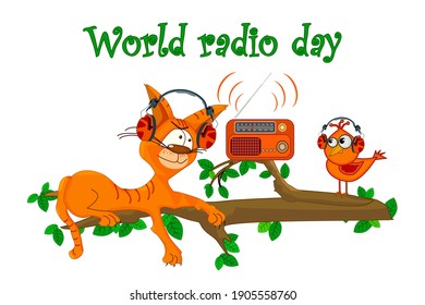 Gato y pájaro con radio aislado en fondo blanco. Gato con música de pájaro en la rama del árbol. Día mundial de la radio. Radio retro y animales cómicos. Grabador FM para la transmisión de información.Vector