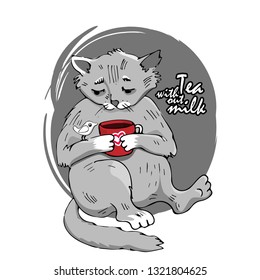 Cat and a bird with red cup of tea without milk. Hand drawn illustration of animals. Quick drawing. Sketch. Vector illustration.