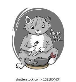 Cat and a bird with red cup of tea without milk. Hand drawn illustration of animals. Quick drawing. Sketch. Vector illustration.