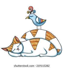 Cat and bird are sleeping. Cartoon vector illustration.