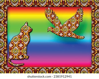 A cat and bird in surreal style is an isolated artwork design ,great for decoration ,gift ,textile and fabric print ,book cover and different website purposes
