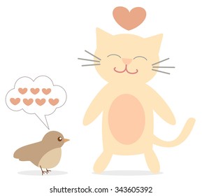 cat and bird talking about love cute and funny cartoon vector illustration