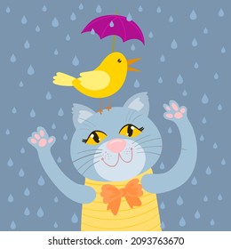 Un gato y un pájaro con un paraguas está bajo la lluvia