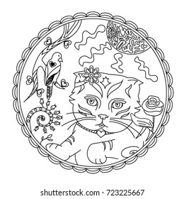 Cat and bird vector coloring page illustration