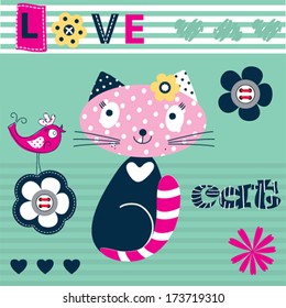 cat and bird vector illustration