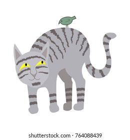 Cat and bird vector illustration. Cute isolated personages. 