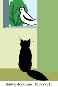 Cat and bird in the window illustration