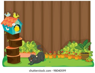 cat and birds in the garden