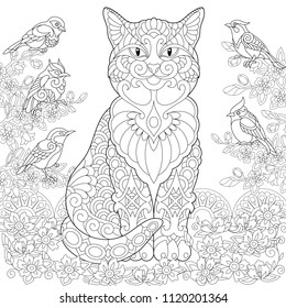 Cat and Birds in the garden. Coloring page. Colouring picture. Coloring book. Freehand sketch drawing. Vector illustration.