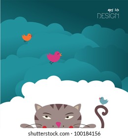 Cat & birds Ã¢Â?Â? hunting card Ã¢Â?Â? vector design