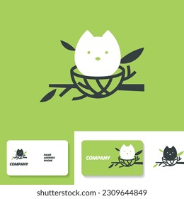 Cat in bird's nest. Simple vector icon isolated on green background - Business card