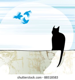 Cat and birds, vector illustration.