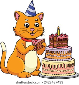 Cat with a Birthday Cake Cartoon Colored Clipart