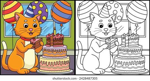 Gato con un pastel de cumpleaños para colorear ilustración