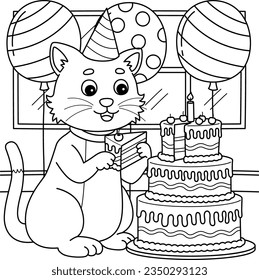 Cat with a Birthday Cake Coloring Page for Kids