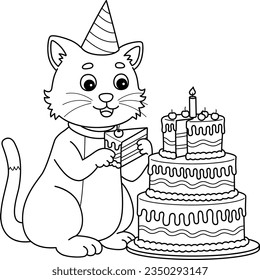 Cat with a Birthday Cake Isolated Coloring Page