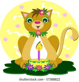 Cat with Birthday Cake Vector