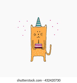 Cat with a Birthday Cake, vector illustration